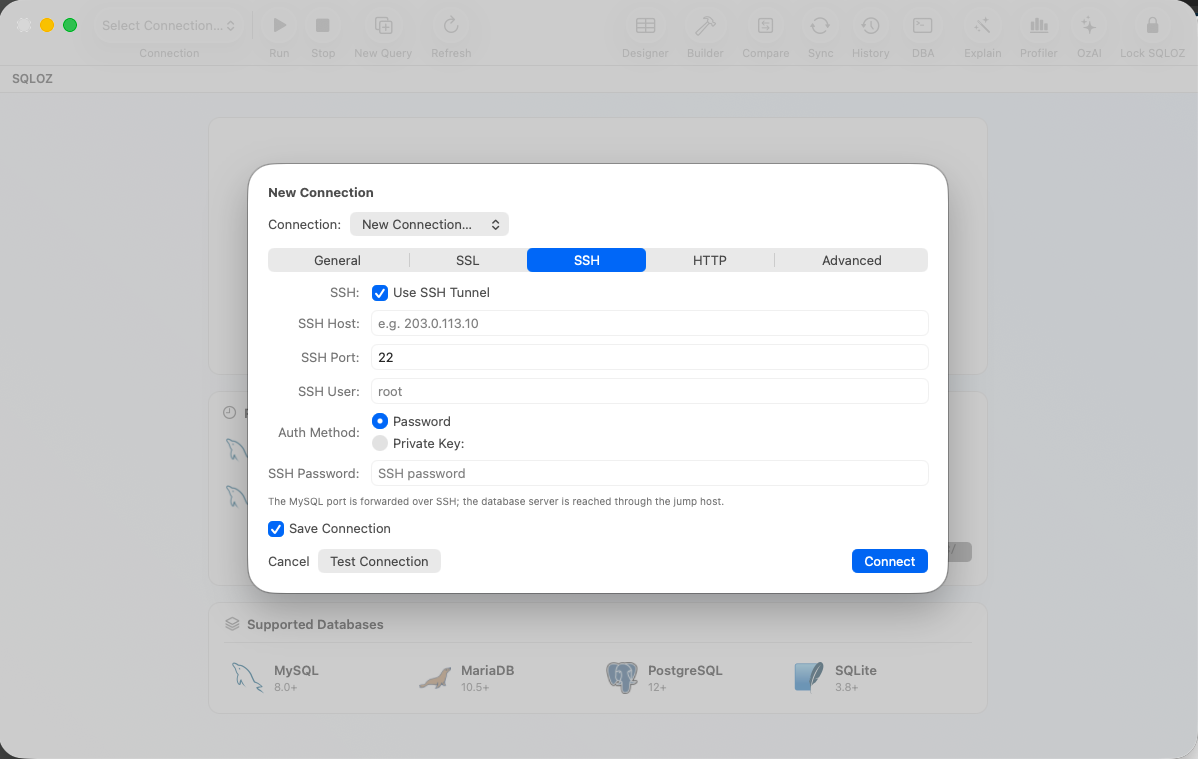 SQLOZ Native SSH Tunneling Connection Settings