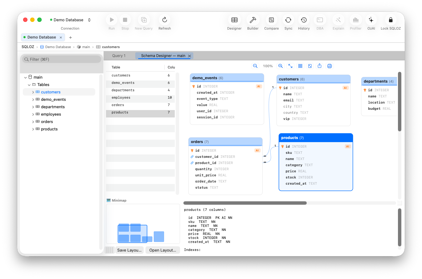 Visual schema designer canvas (ERD)