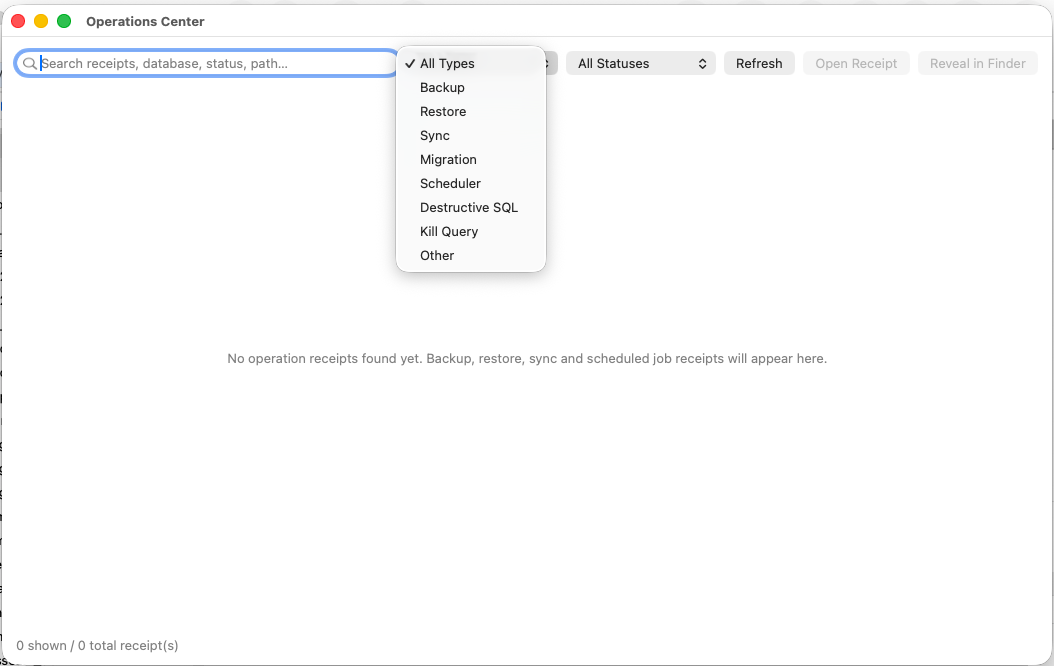 Operations Center - backup, restore, and execution receipts