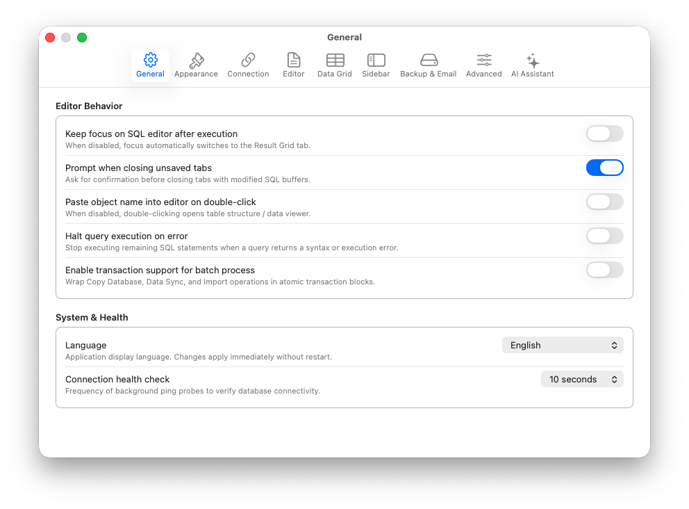 SQLOZ Native General Preferences and Dark Mode Theme Options