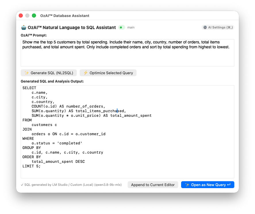 OzAI - natural language SQL assistant